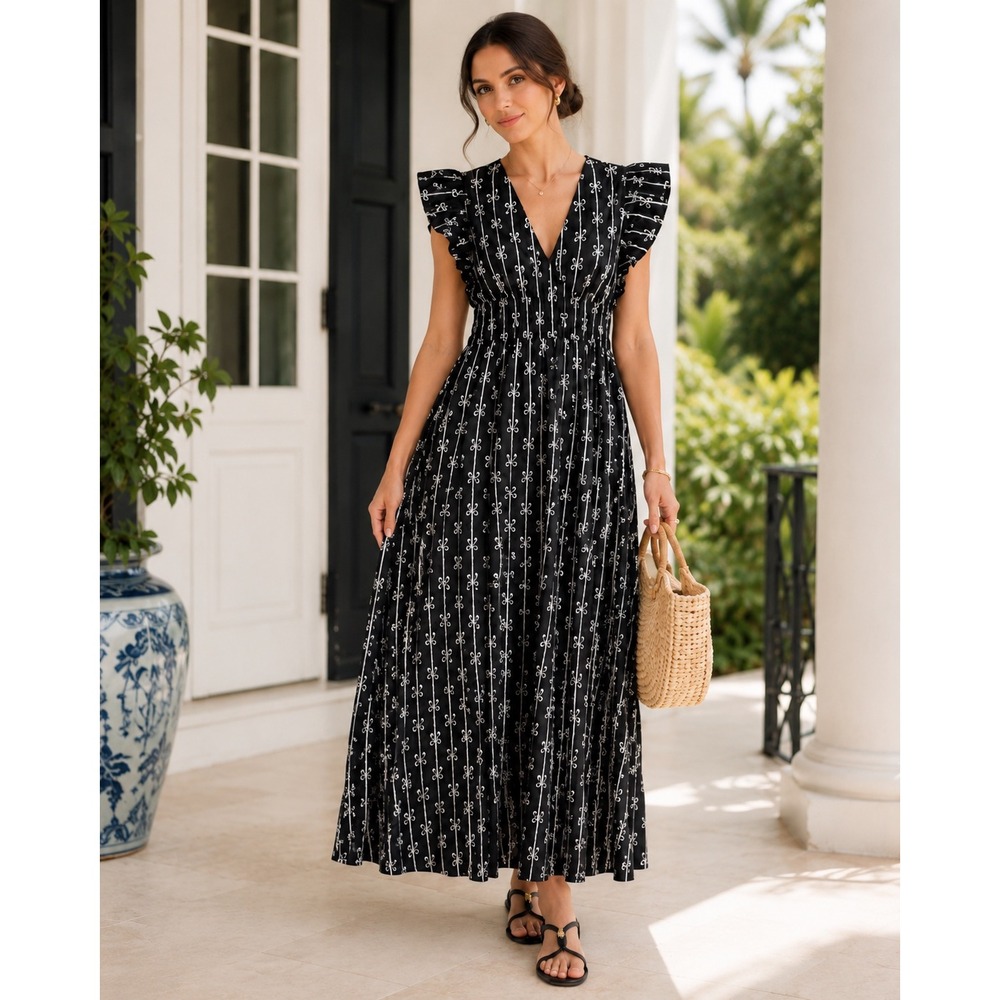 STS Sail to Sable Black White Bow Print Flutter‎ Sleeve Maxi Dress Resort NWT XS